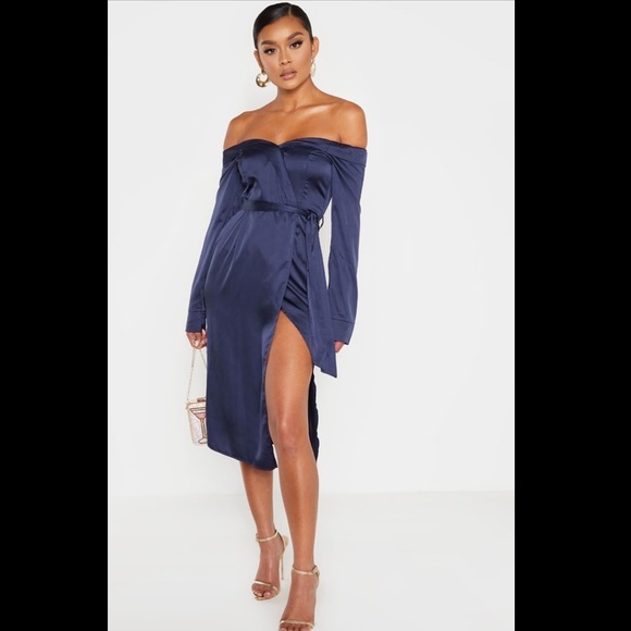 navy satin bardot lapel detail wrap midi dress PrettyLittleThing | Dresses | Nwt Plt Navy Satin Bardot Lapel Detail Wrap  Midi Dress Size 8